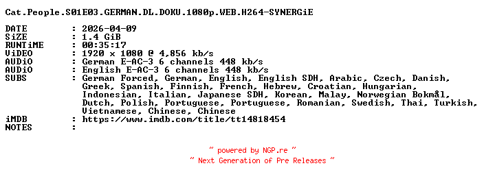NFO for the release Cat.People.S01E03.GERMAN.DL.DOKU.1080p.WEB.H264-SYNERGiE by SYNERGiE