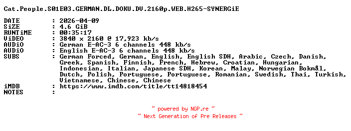 NFO for the release Cat.People.S01E03.GERMAN.DL.DOKU.DV.2160p.WEB.H265-SYNERGiE by SYNERGiE