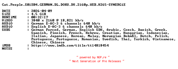 NFO for the release Cat.People.S01E04.GERMAN.DL.DOKU.DV.2160p.WEB.H265-SYNERGiE by SYNERGiE