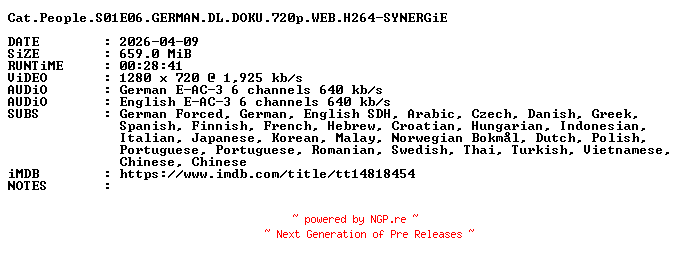NFO for the release Cat.People.S01E06.GERMAN.DL.DOKU.720p.WEB.H264-SYNERGiE by SYNERGiE