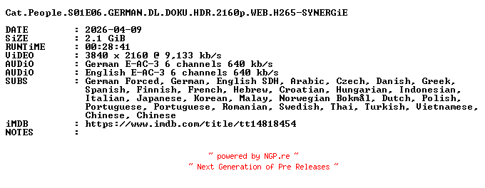 NFO for the release Cat.People.S01E06.GERMAN.DL.DOKU.HDR.2160p.WEB.H265-SYNERGiE by SYNERGiE