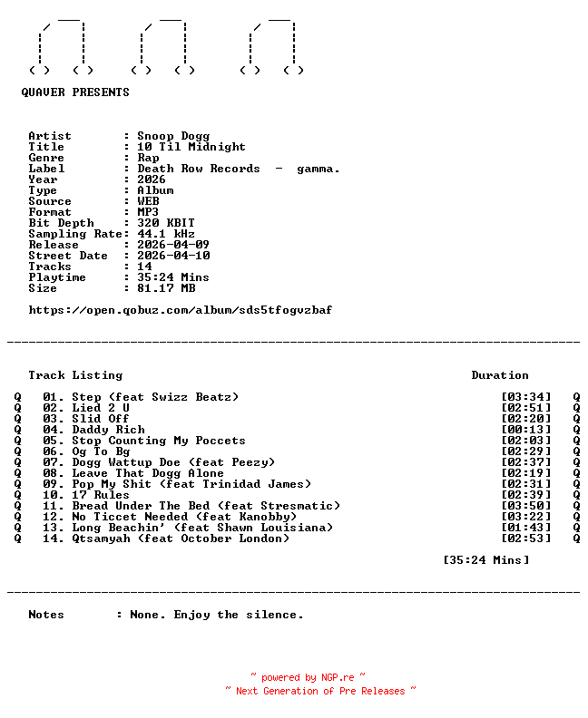 NFO for the release Snoop_Dogg-10_Til_Midnight-WEB-2026-QUAVER by QUAVER