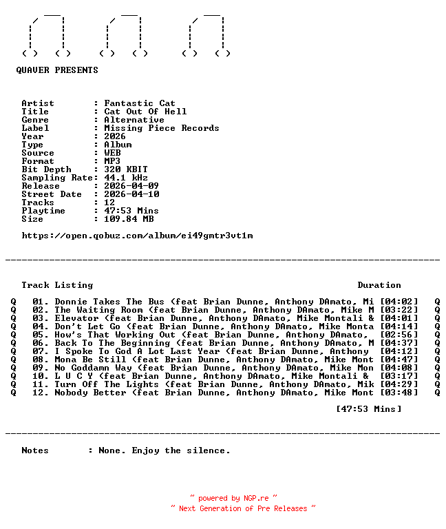 NFO for the release Fantastic_Cat-Cat_Out_Of_Hell-WEB-2026-QUAVER by QUAVER