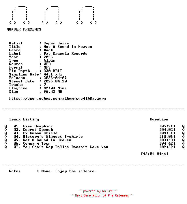 NFO for the release Sugar_Horse-Not_A_Sound_In_Heaven-WEB-2026-QUAVER by QUAVER