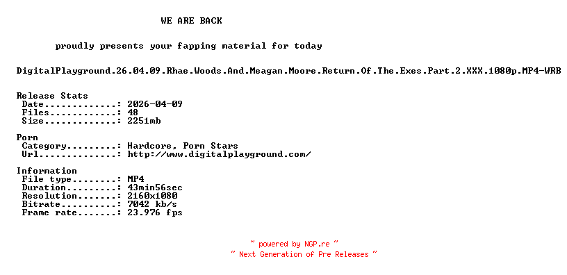 NFO for the release DigitalPlayground.26.04.09.Rhae.Woods.And.Meagan.Moore.Return.Of.The.Exes.Part.2.XXX.1080p.MP4-WRB by WRB