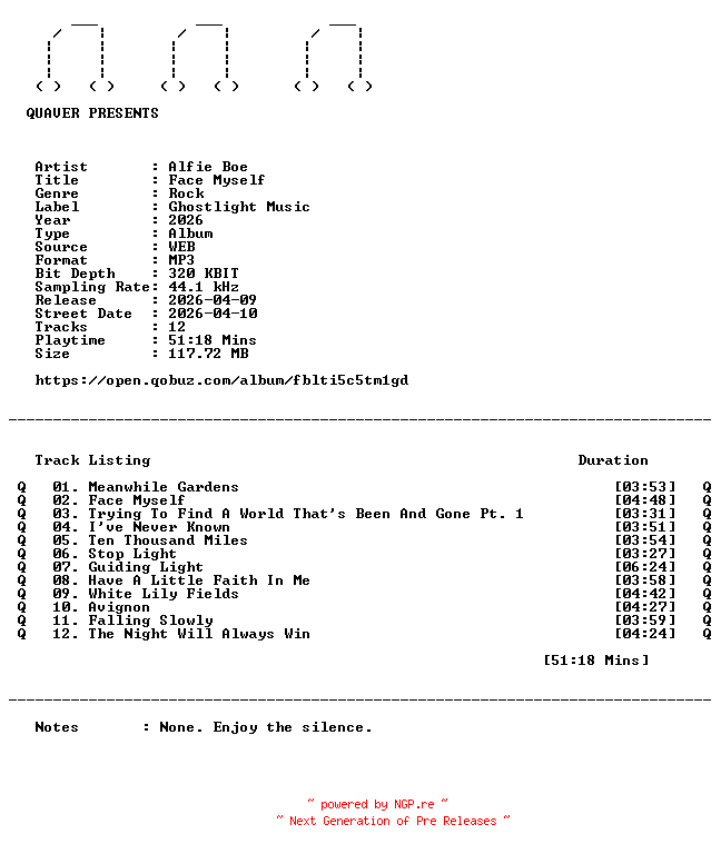 NFO for the release Alfie_Boe-Face_Myself-WEB-2026-QUAVER by QUAVER