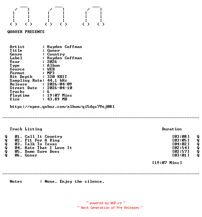 NFO for the release Hayden_Coffman-Goner-EP-WEB-2026-QUAVER by QUAVER