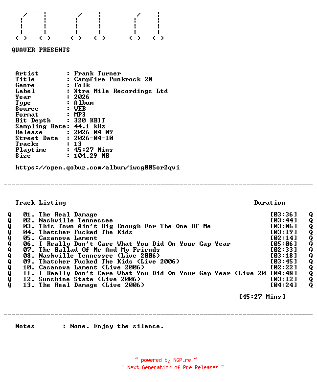 NFO for the release Frank_Turner-Campfire_Punkrock_20-WEB-2026-QUAVER by QUAVER