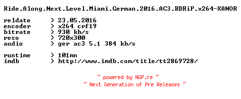 NFO for the release Ride.Along.Next.Level.Miami.German.2016.AC3.BDRiP.x264-XANOR by XANOR