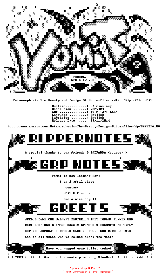 NFO for the release Metamorphosis.The.Beauty.and.Design.Of.Butterflies.2012.BDRip.x264-VoMiT by VoMiT