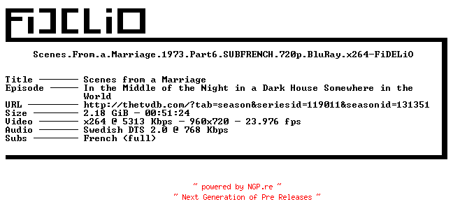NFO for the release Scenes.From.a.Marriage.1973.Part6.SUBFRENCH.720p.BluRay.x264-FiDELiO by FiDELiO