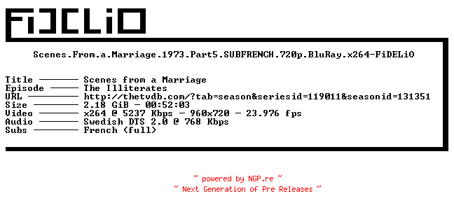 NFO for the release Scenes.From.a.Marriage.1973.Part5.SUBFRENCH.720p.BluRay.x264-FiDELiO by FiDELiO