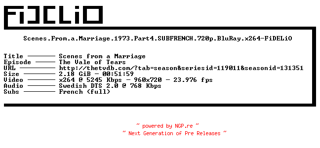 NFO for the release Scenes.From.a.Marriage.1973.Part4.SUBFRENCH.720p.BluRay.x264-FiDELiO by FiDELiO
