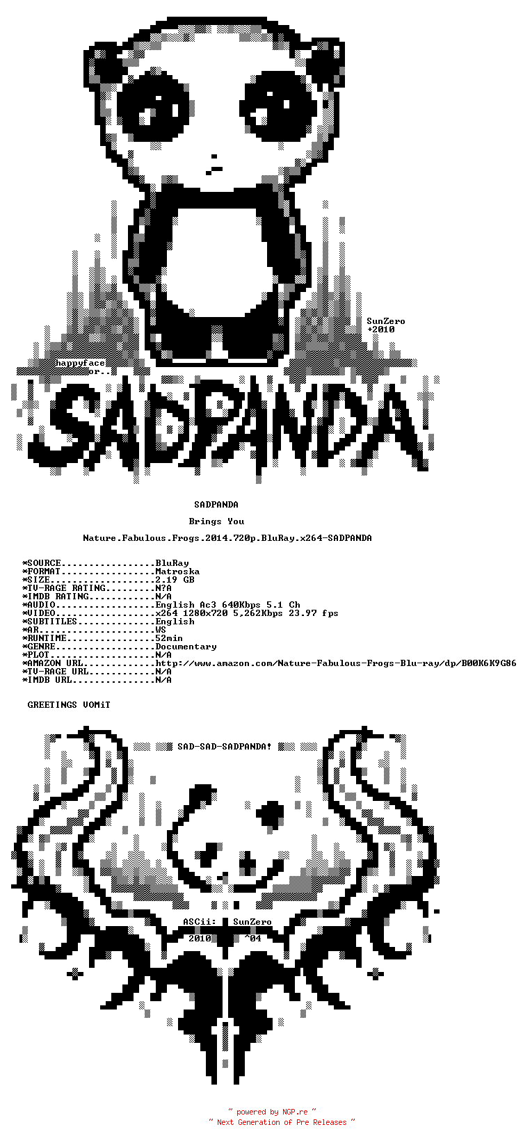 NFO for the release Nature.Fabulous.Frogs.2014.720p.BluRay.x264-SADPANDA by SADPANDA