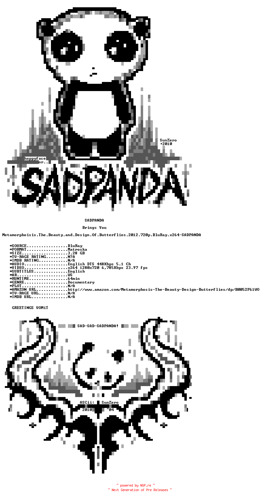 NFO for the release Metamorphoisis.The.Beauty.and.Design.Of.Butterflies.2012.720p.BluRay.x264-SADPANDA by SADPANDA