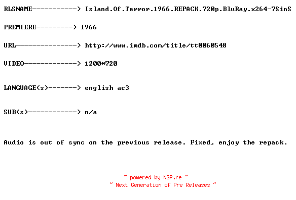 NFO for the release Island.Of.Terror.1966.REPACK.720p.BluRay.x264-7SinS by 7SinS