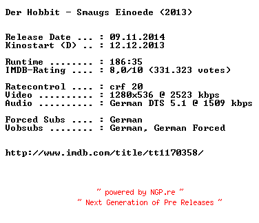 NFO for the release Der.Hobbit.Smaugs.Einoede.EXTENDED.German.720p.BluRay.x264-EXQUiSiTE by EXQUiSiTE