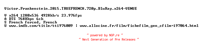NFO for the release Victor.Frankenstein.2015.TRUEFRENCH.720p.BluRay.x264-VENUE by VENUE
