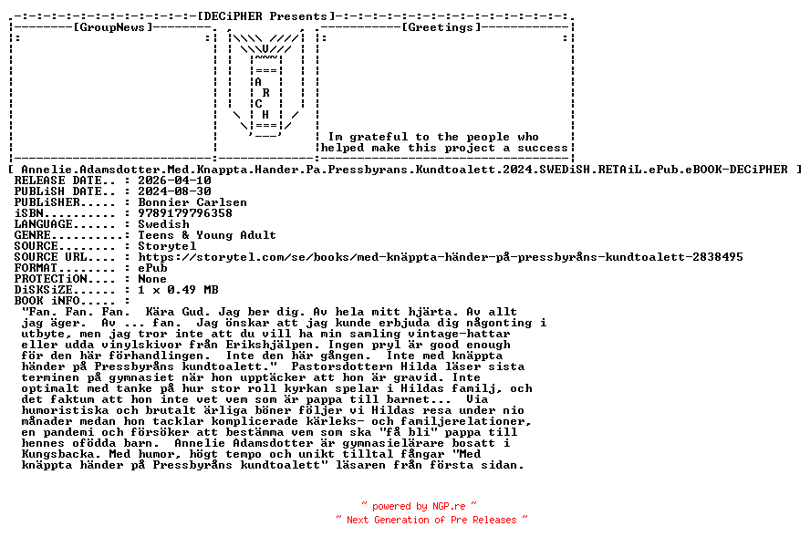 NFO for the release Annelie.Adamsdotter.Med.Knappta.Hander.Pa.Pressbyrans.Kundtoalett.2024.SWEDiSH.RETAiL.ePub.eBOOK-DECiPHER by DECiPHER