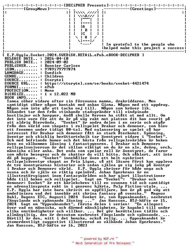 NFO for the release E.P.Uggla.Sveket.2024.SWEDiSH.RETAiL.ePub.eBOOK-DECiPHER by DECiPHER