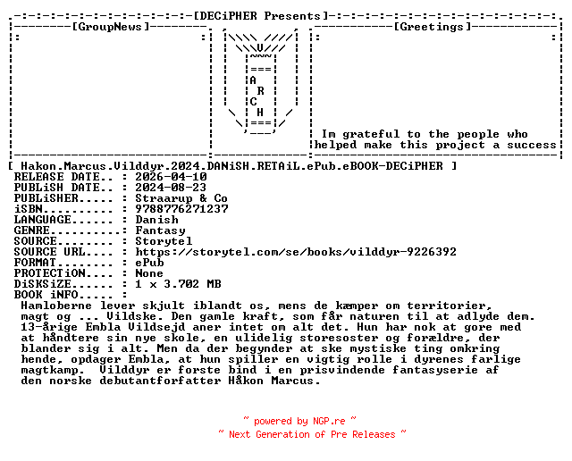 NFO for the release Hakon.Marcus.Vilddyr.2024.DANiSH.RETAiL.ePub.eBOOK-DECiPHER by DECiPHER
