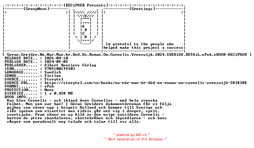 NFO for the release Goran.Greider.Nu.Nar.Man.Ar.Dod.En.Roman.Om.Cornelis.Vreeswijk.2024.SWEDiSH.RETAiL.ePub.eBOOK-DECiPHER by DECiPHER