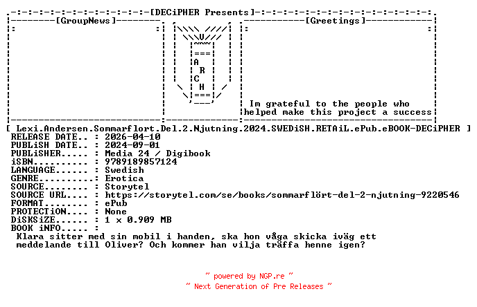 NFO for the release Lexi.Andersen.Sommarflort.Del.2.Njutning.2024.SWEDiSH.RETAiL.ePub.eBOOK-DECiPHER by DECiPHER