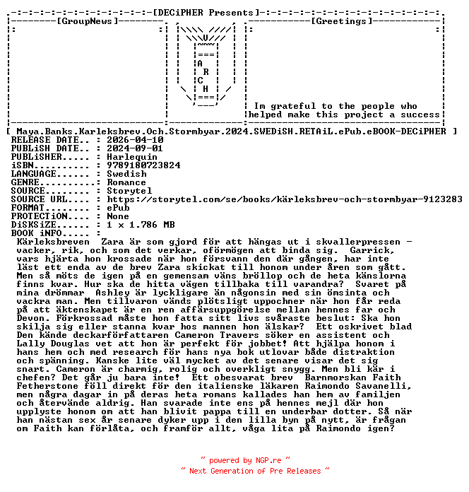 NFO for the release Maya.Banks.Karleksbrev.Och.Stormbyar.2024.SWEDiSH.RETAiL.ePub.eBOOK-DECiPHER by DECiPHER
