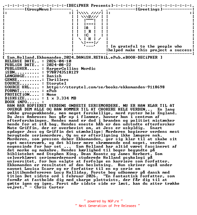 NFO for the release Sam.Holland.Ekkomanden.2024.DANiSH.RETAiL.ePub.eBOOK-DECiPHER by DECiPHER