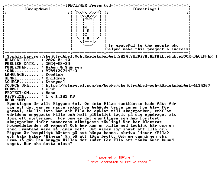 NFO for the release Sophia.Larsson.Skejttrubbel.Och.Karleksbubbel.2024.SWEDiSH.RETAiL.ePub.eBOOK-DECiPHER by DECiPHER
