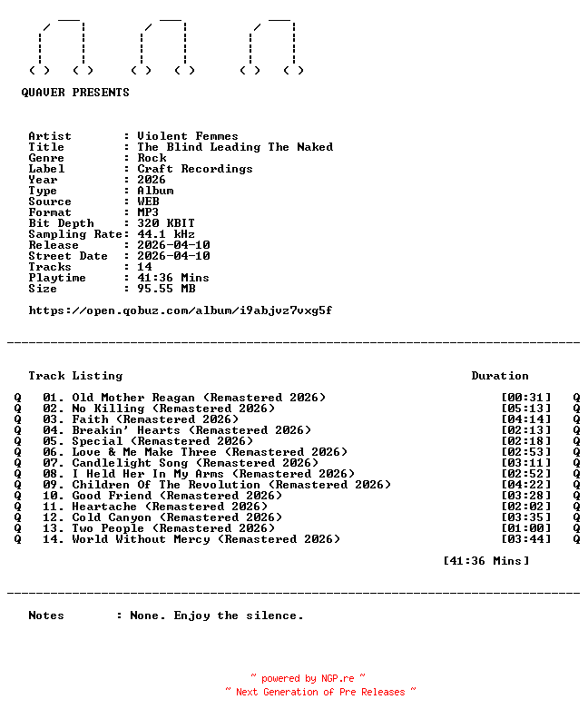 NFO for the release Violent_Femmes-The_Blind_Leading_The_Naked-REMASTERED-WEB-2026-QUAVER by QUAVER