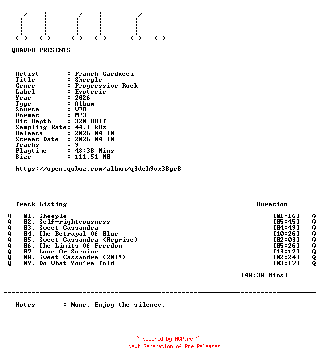 NFO for the release Franck_Carducci-Sheeple-WEB-2026-QUAVER by QUAVER