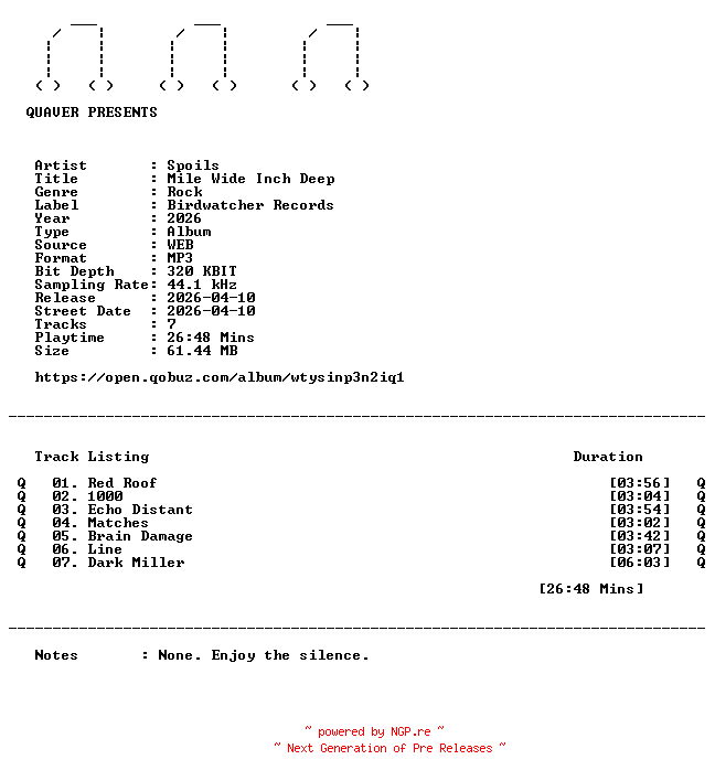 NFO for the release Spoils-Mile_Wide_Inch_Deep-WEB-2026-QUAVER by QUAVER