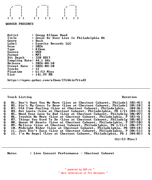 NFO for the release Gregg_Allman_Band-Great_As_Ever_Live_In_Philadelphia_86-WEB-2026-QUAVER by QUAVER