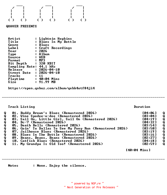 NFO for the release Lightnin_Hopkins-Blues_In_My_Bottle-REMASTERED-WEB-2026-QUAVER by QUAVER