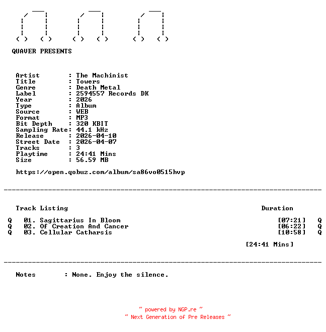 NFO for the release The_Machinist-Towers-EP-WEB-2026-QUAVER by QUAVER