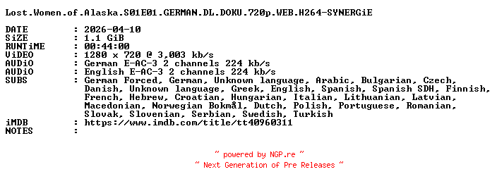 NFO for the release Lost.Women.of.Alaska.S01E01.GERMAN.DL.DOKU.720p.WEB.H264-SYNERGiE by SYNERGiE