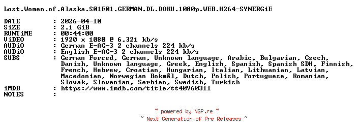 NFO for the release Lost.Women.of.Alaska.S01E01.GERMAN.DL.DOKU.1080p.WEB.H264-SYNERGiE by SYNERGiE
