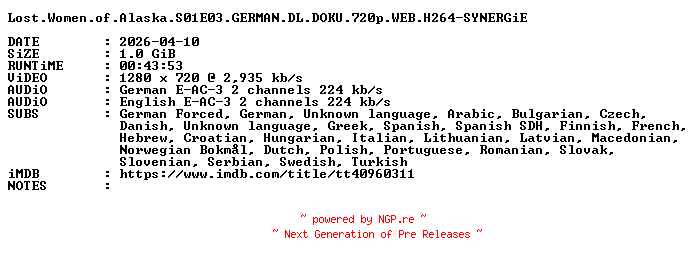 NFO for the release Lost.Women.of.Alaska.S01E03.GERMAN.DL.DOKU.720p.WEB.H264-SYNERGiE by SYNERGiE