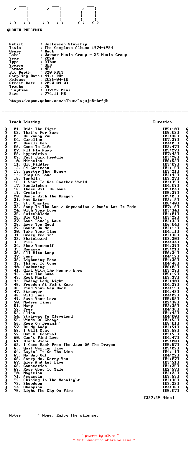 NFO for the release Jefferson_Starship-The_Complete_Albums_1974-1984-WEB-2020-QUAVER by QUAVER