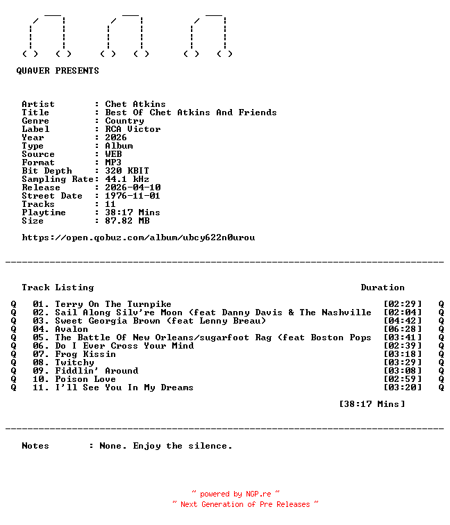 NFO for the release Chet_Atkins-Best_Of_Chet_Atkins_And_Friends-REMASTERED-WEB-2026-QUAVER by QUAVER