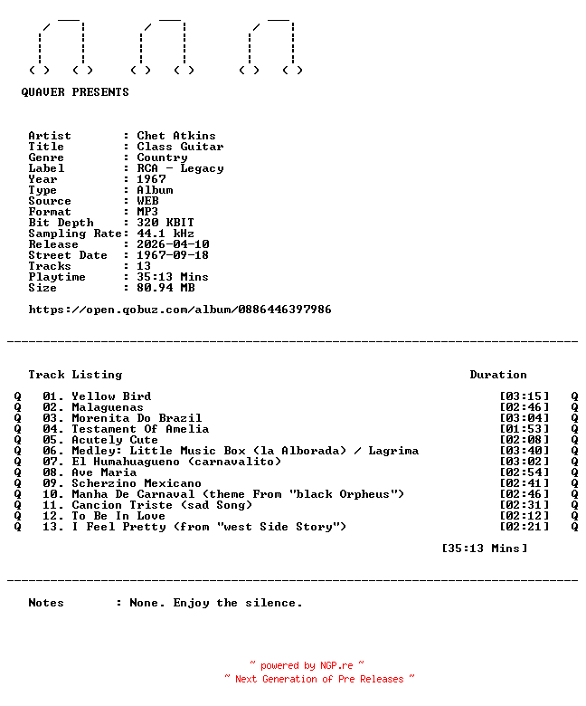 NFO for the release Chet_Atkins-Class_Guitar-WEB-1967-QUAVER by QUAVER