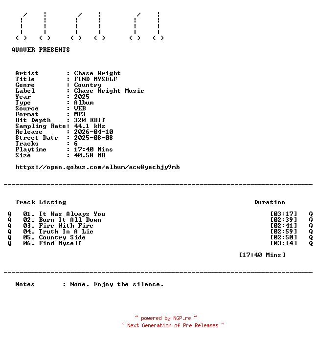 NFO for the release Chase_Wright-FIND_MYSELF-EP-WEB-2025-QUAVER by QUAVER