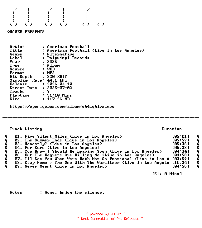 NFO for the release American_Football-American_Football_(Live_In_Los_Angeles)-WEB-2025-QUAVER by QUAVER