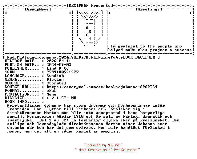 NFO for the release Aud.Midtsund.Johanna.2024.SWEDiSH.RETAiL.ePub.eBOOK-DECiPHER by DECiPHER