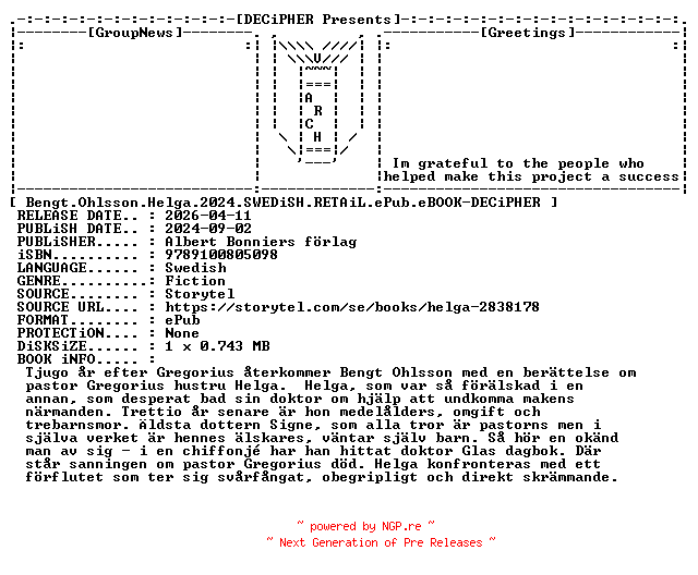 NFO for the release Bengt.Ohlsson.Helga.2024.SWEDiSH.RETAiL.ePub.eBOOK-DECiPHER by DECiPHER