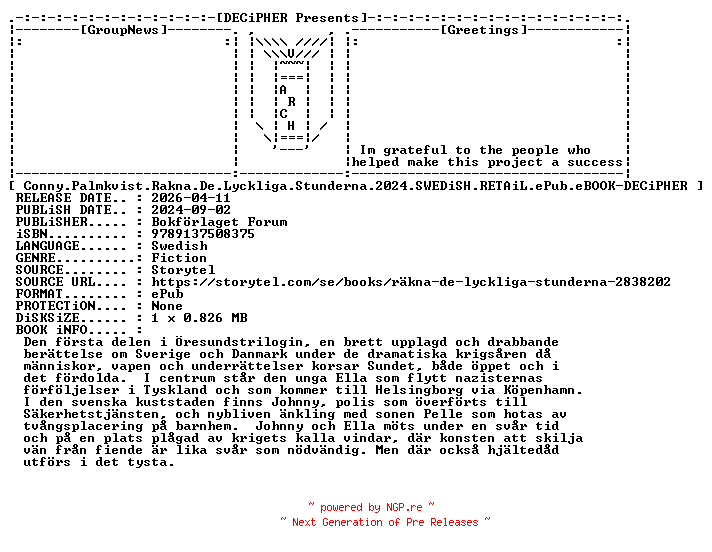 NFO for the release Conny.Palmkvist.Rakna.De.Lyckliga.Stunderna.2024.SWEDiSH.RETAiL.ePub.eBOOK-DECiPHER by DECiPHER
