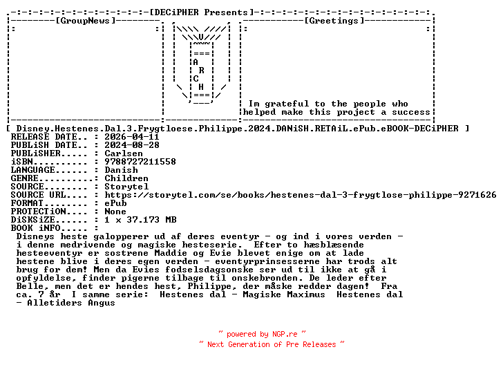 NFO for the release Disney.Hestenes.Dal.3.Frygtloese.Philippe.2024.DANiSH.RETAiL.ePub.eBOOK-DECiPHER by DECiPHER