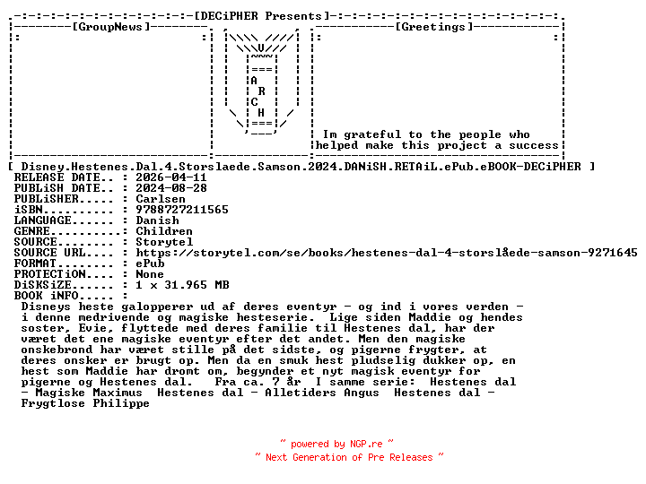 NFO for the release Disney.Hestenes.Dal.4.Storslaede.Samson.2024.DANiSH.RETAiL.ePub.eBOOK-DECiPHER by DECiPHER