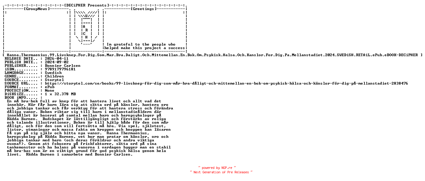 NFO for the release Hanna.Thermaenius.99.Livsknep.For.Dig.Som.Mar.Bra.Daligt.Och.Mittemellan.En.Bok.Om.Psykisk.Halsa.Och.Kanslor.For.Dig.Pa.Mellanstadiet.2024.SWEDiSH.RETAiL.ePub.eBOOK-DECiPHER by DECiPHER